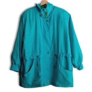 Vintage BERNARDO \ 100% Silk 90's Windbreaker Long Jacket Bright Blue M Flawed